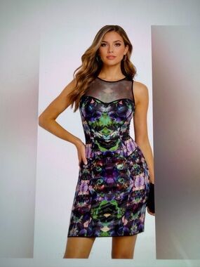 Milly Black Mesh Yoke Multicolor Printed Mini Dress Size 0